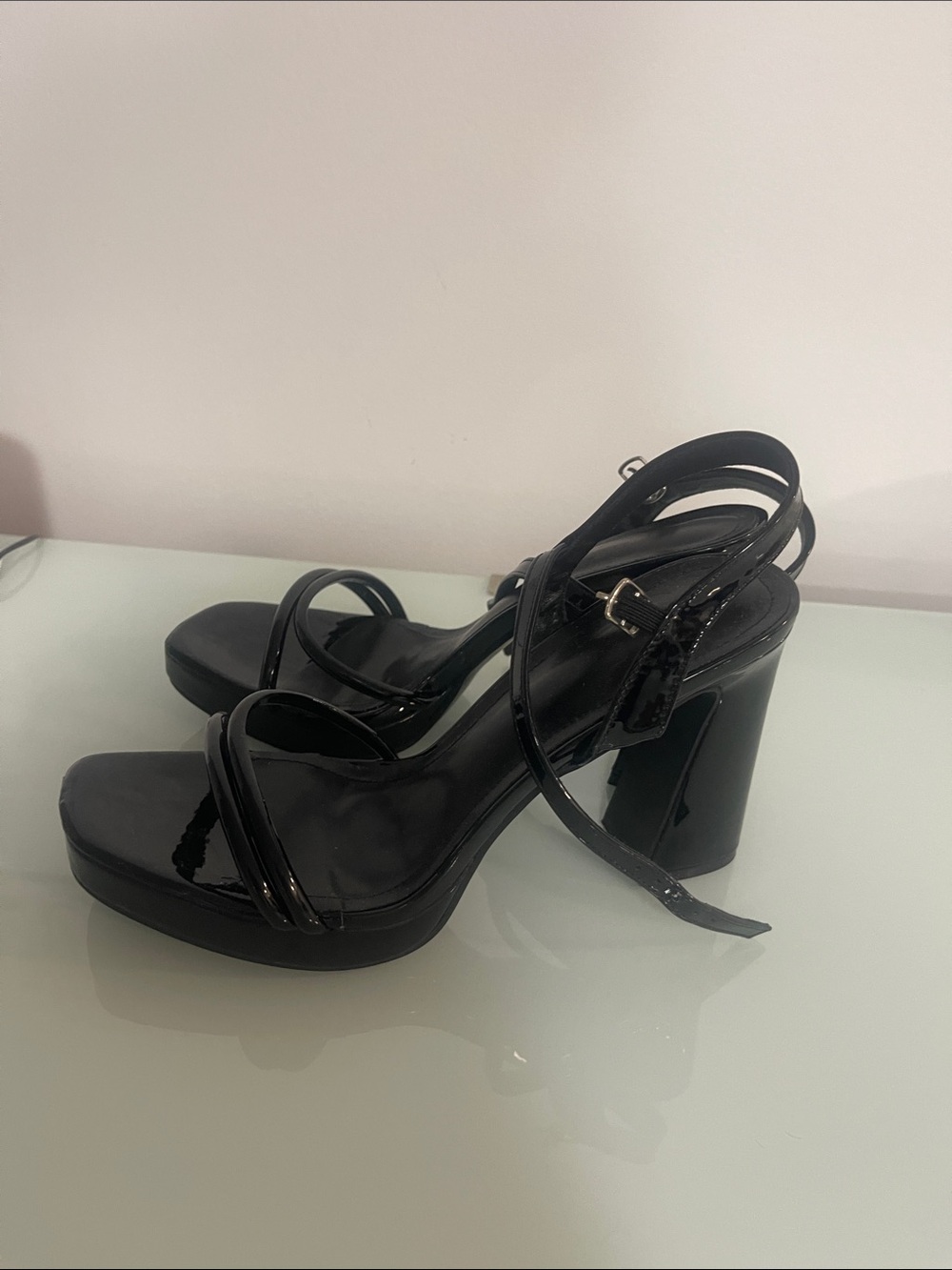 Black Patent Strappy Block Heel Sandals